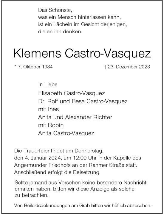 Traueranzeige von Klemens Castro-Vasquez von Rheinische Post