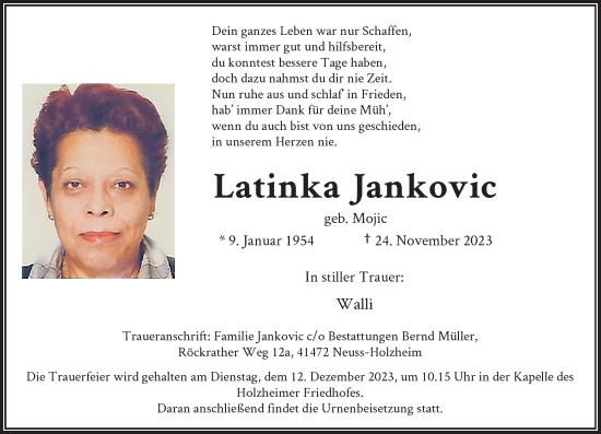 Traueranzeige von Latinka Jankovic von Rheinische Post