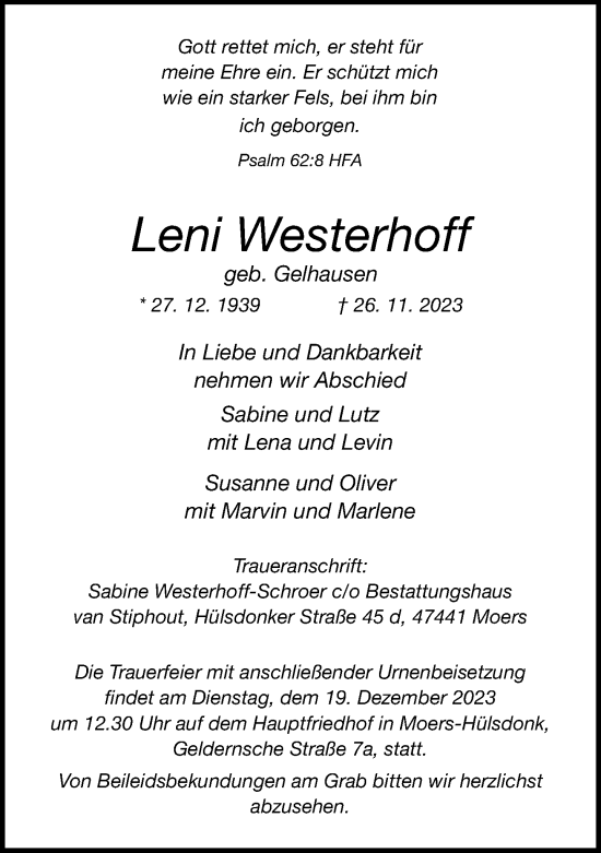 Traueranzeige von Leni Westerhoff von Rheinische Post