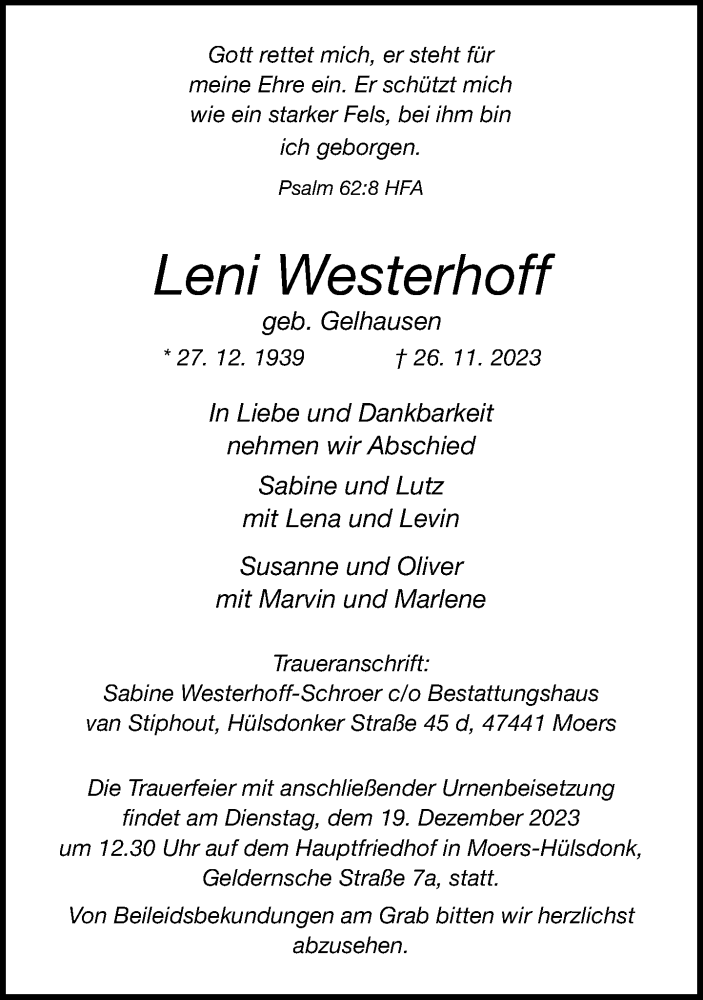  Traueranzeige für Leni Westerhoff vom 02.12.2023 aus Rheinische Post