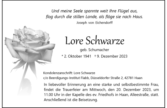 Traueranzeige von Lore Schwarze von Rheinische Post