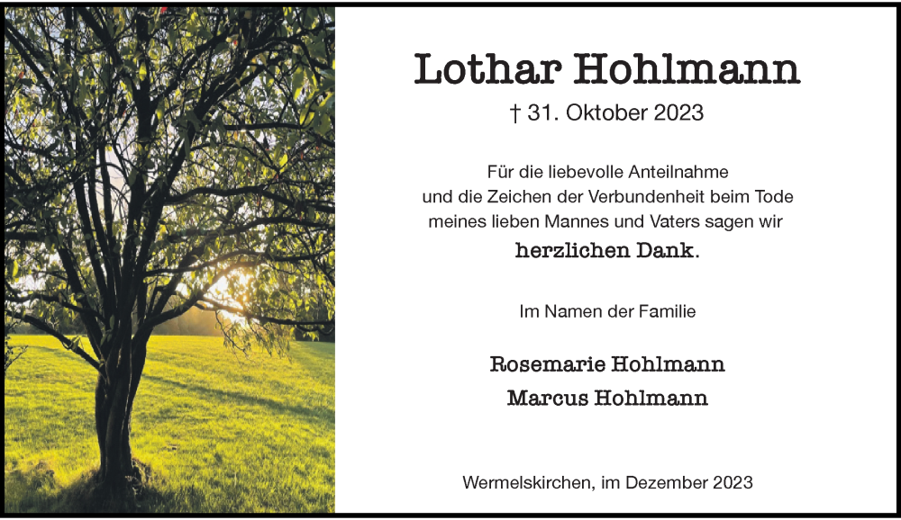  Traueranzeige für Lothar Hohlmann vom 09.12.2023 aus Rheinische Post