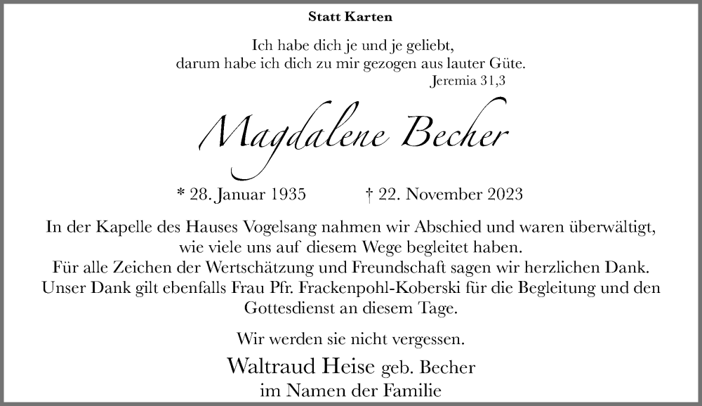  Traueranzeige für Magdalene Becher vom 23.12.2023 aus Rheinische Post