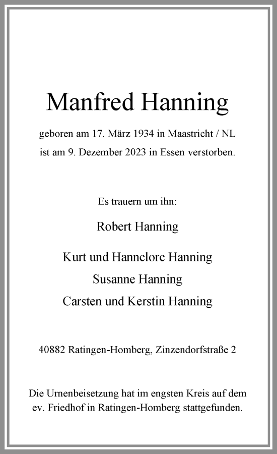 Traueranzeige von Manfred Hanning von Rheinische Post
