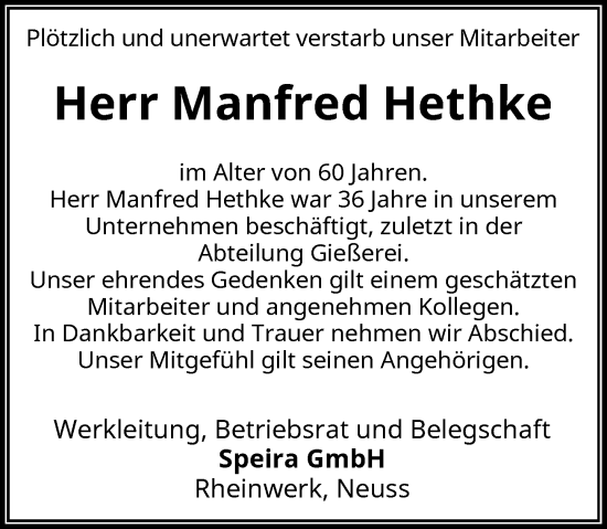 Traueranzeige von Manfred Hethke von Rheinische Post