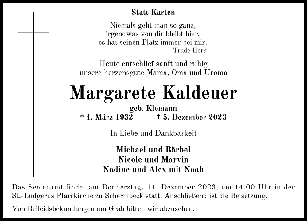  Traueranzeige für Margarete Kaldeuer vom 09.12.2023 aus Rheinische Post