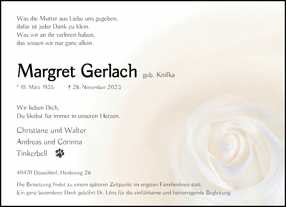  Traueranzeige für Margret Gerlach vom 02.12.2023 aus Rheinische Post