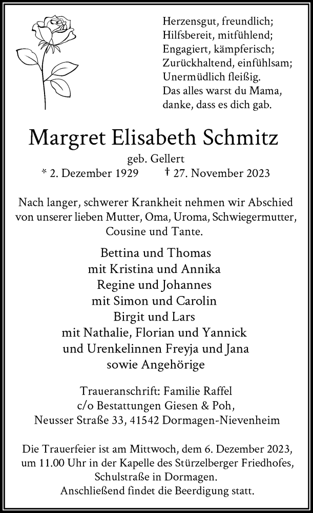  Traueranzeige für Margret Elisabeth Schmitz vom 02.12.2023 aus Rheinische Post
