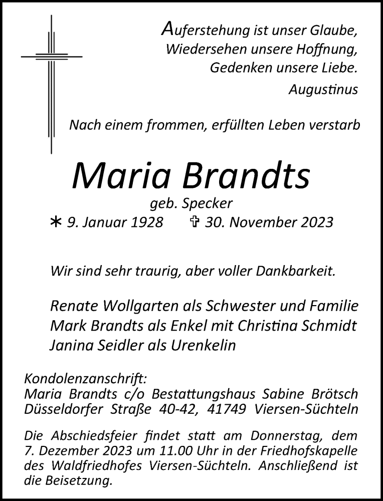  Traueranzeige für Maria Brandts vom 06.12.2023 aus Rheinische Post