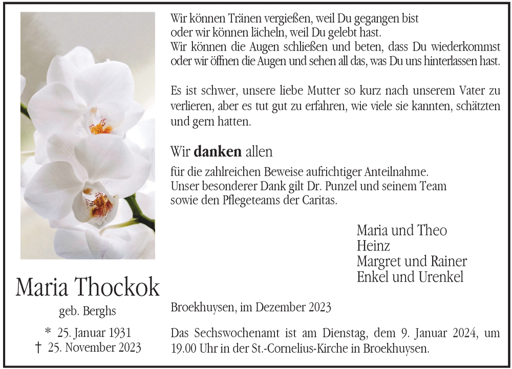  Traueranzeige für Maria Thockok vom 30.12.2023 aus Rheinische Post