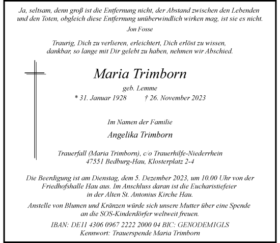 Traueranzeige von Maria Trimborn von Rheinische Post