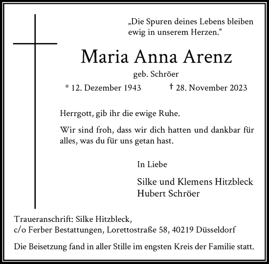 Traueranzeige von Maria Anna Arenz von Rheinische Post