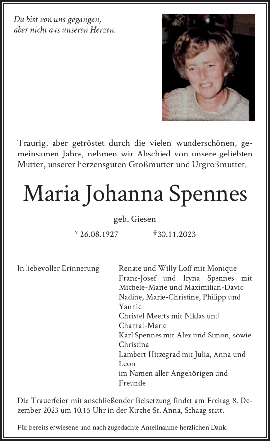 Traueranzeige von Maria Johanna Spennes von Rheinische Post
