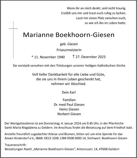 Traueranzeige von Marianne Boekhoorn-Giesen von Rheinische Post