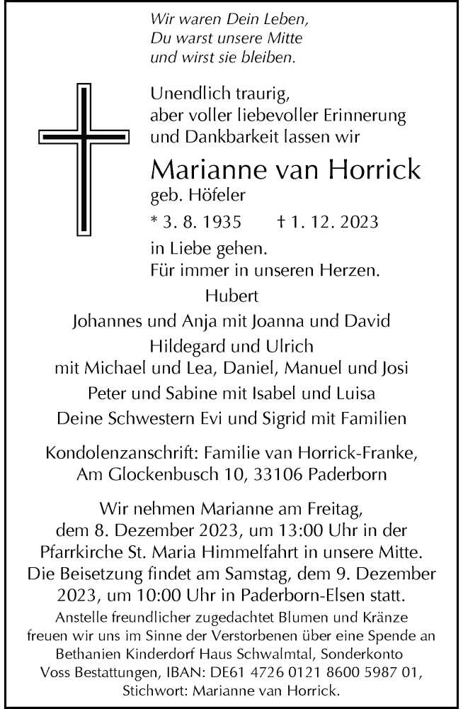  Traueranzeige für Marianne van Horrick vom 05.12.2023 aus Rheinische Post