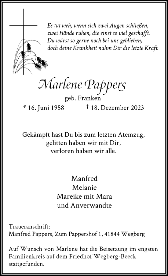 Traueranzeige von Marlene Pappers von Rheinische Post