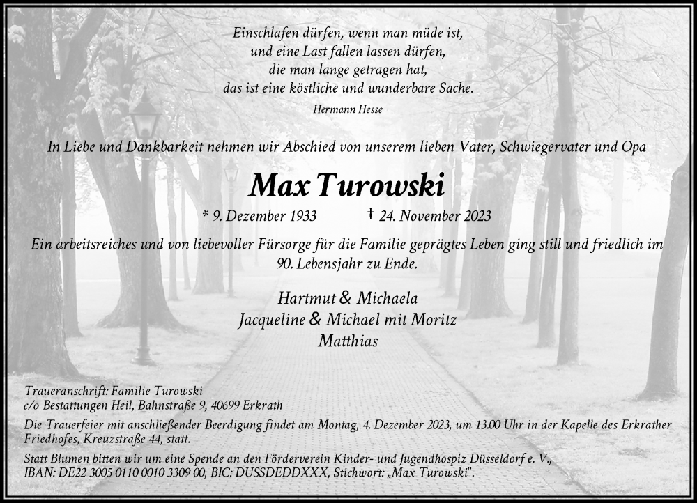  Traueranzeige für Max Turowski vom 02.12.2023 aus Rheinische Post