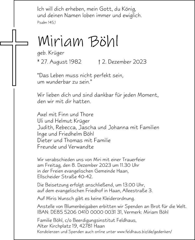  Traueranzeige für Miriam Böhl vom 06.12.2023 aus Rheinische Post