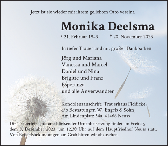 Traueranzeige von Monika Deelsma von Rheinische Post