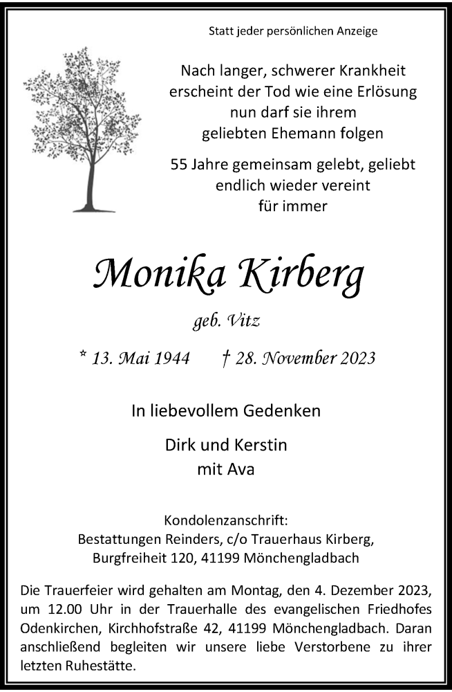  Traueranzeige für Monika Kirberg vom 02.12.2023 aus Rheinische Post