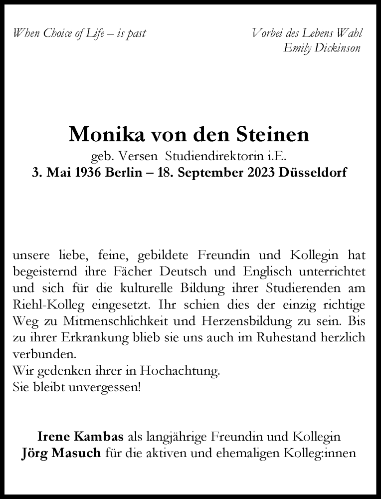  Traueranzeige für Monika von den Steinen vom 02.12.2023 aus Rheinische Post