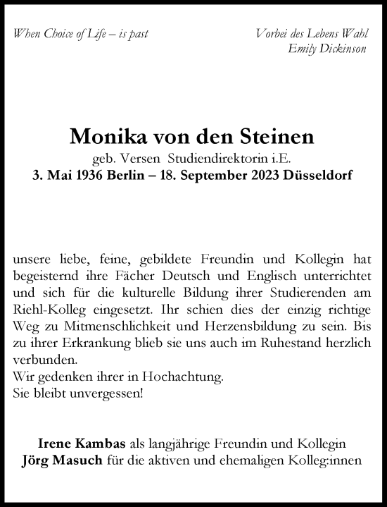 Traueranzeige von Monika von den Steinen von Rheinische Post