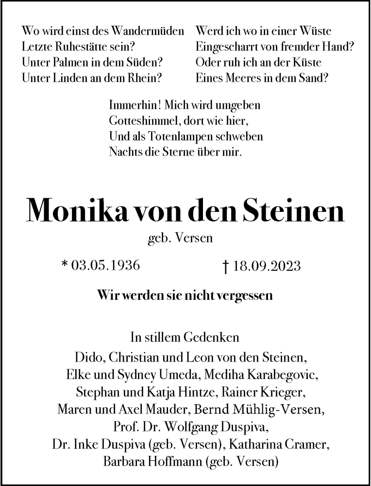  Traueranzeige für Monika von den Steinen vom 02.12.2023 aus Rheinische Post