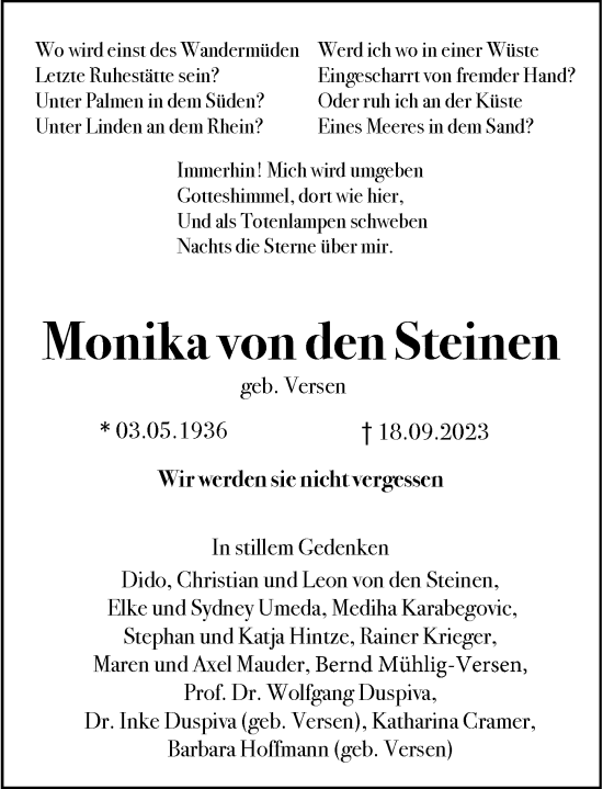 Traueranzeige von Monika von den Steinen von Rheinische Post