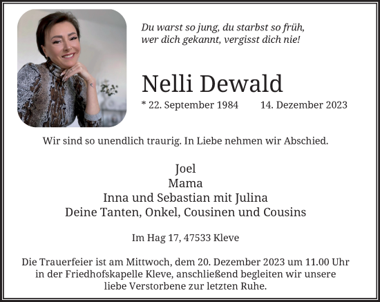 Traueranzeige von Nelli Dewald von Rheinische Post