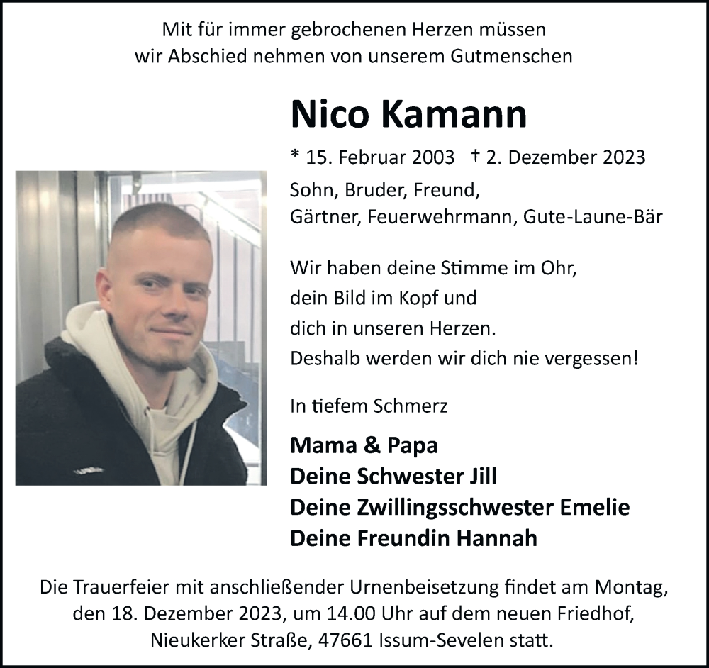  Traueranzeige für Nico Kamann vom 12.12.2023 aus Rheinische Post