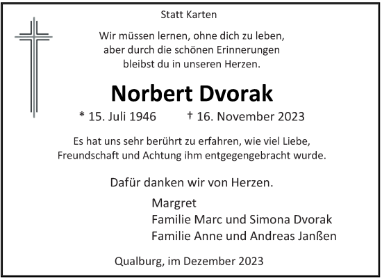 Traueranzeige von Norbert Dvorak von Rheinische Post