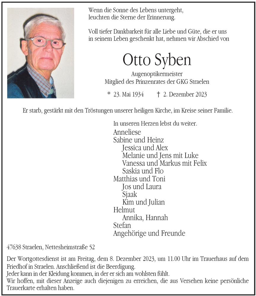  Traueranzeige für Otto Syben vom 06.12.2023 aus Rheinische Post