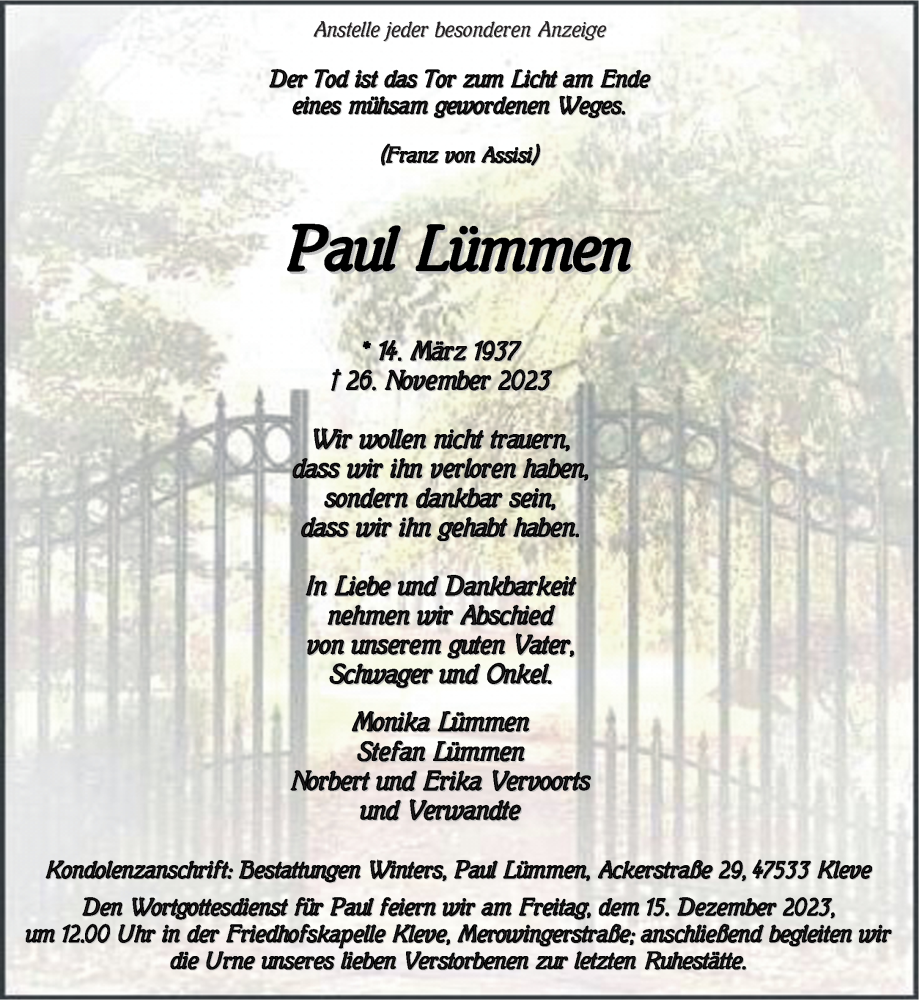  Traueranzeige für Paul Lümmen vom 02.12.2023 aus Rheinische Post