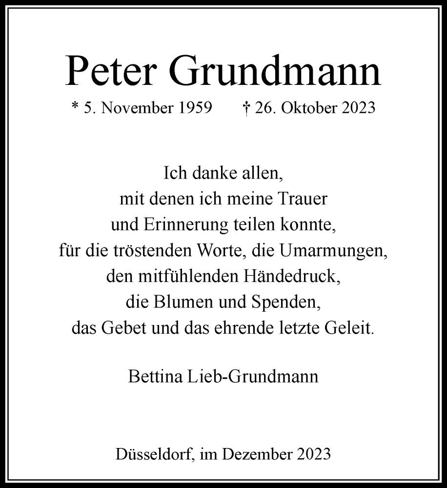  Traueranzeige für Peter Grundmann vom 16.12.2023 aus Rheinische Post
