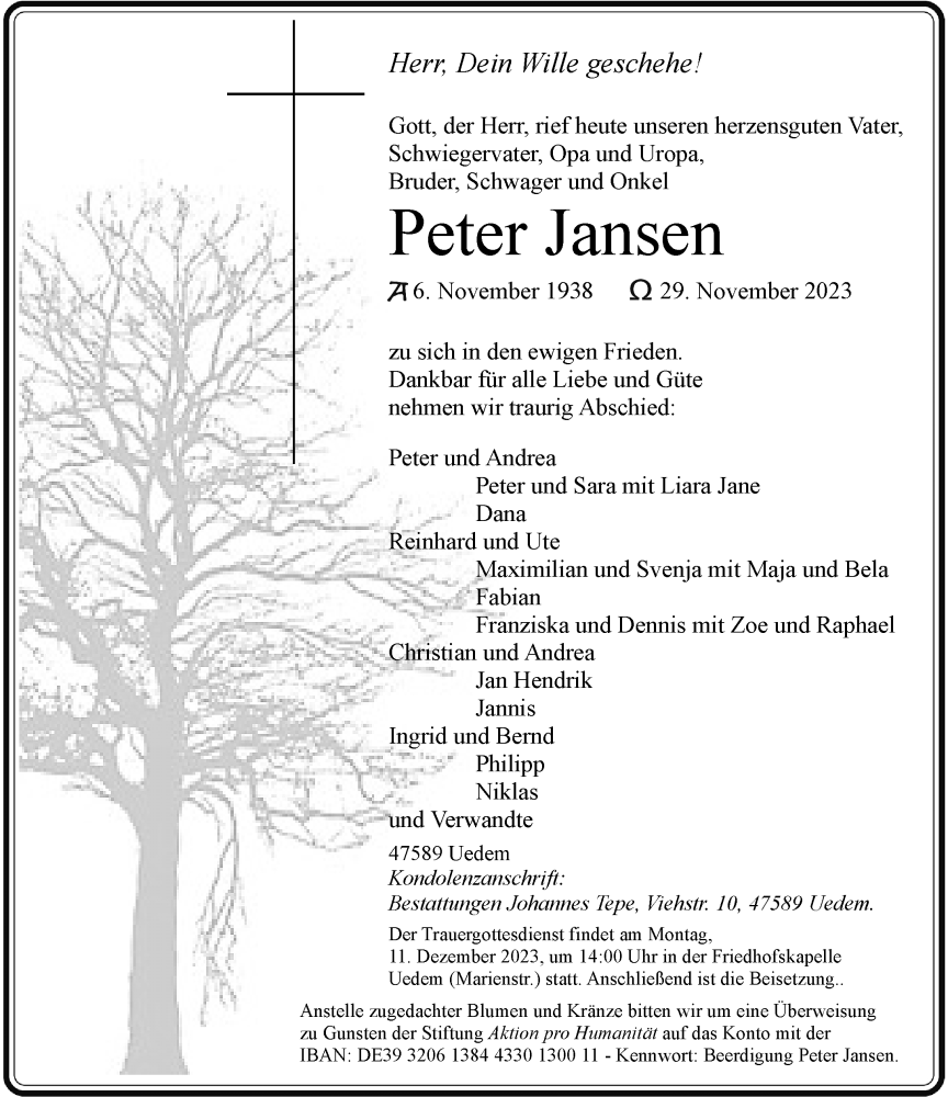  Traueranzeige für Peter Jansen vom 02.12.2023 aus Rheinische Post