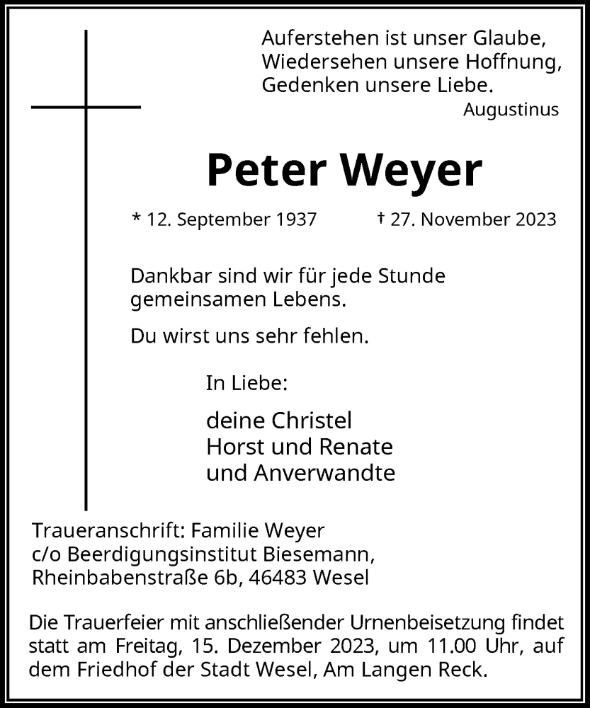  Traueranzeige für Peter Weyer vom 09.12.2023 aus Rheinische Post