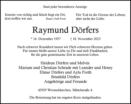 Traueranzeige von Raymund Dörfers von Rheinische Post