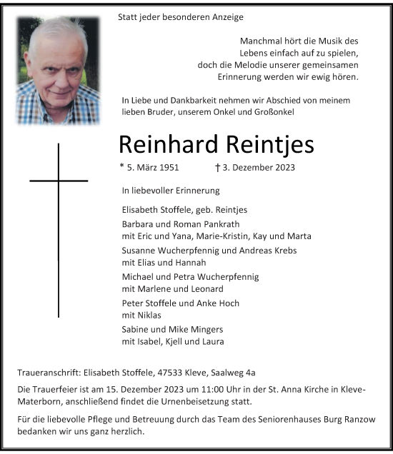 Traueranzeige von Reinhard Reintjes von Rheinische Post