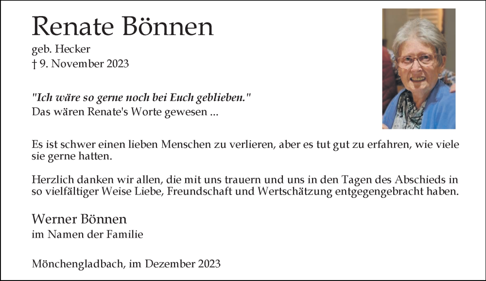  Traueranzeige für Renate Bönnen vom 23.12.2023 aus Rheinische Post