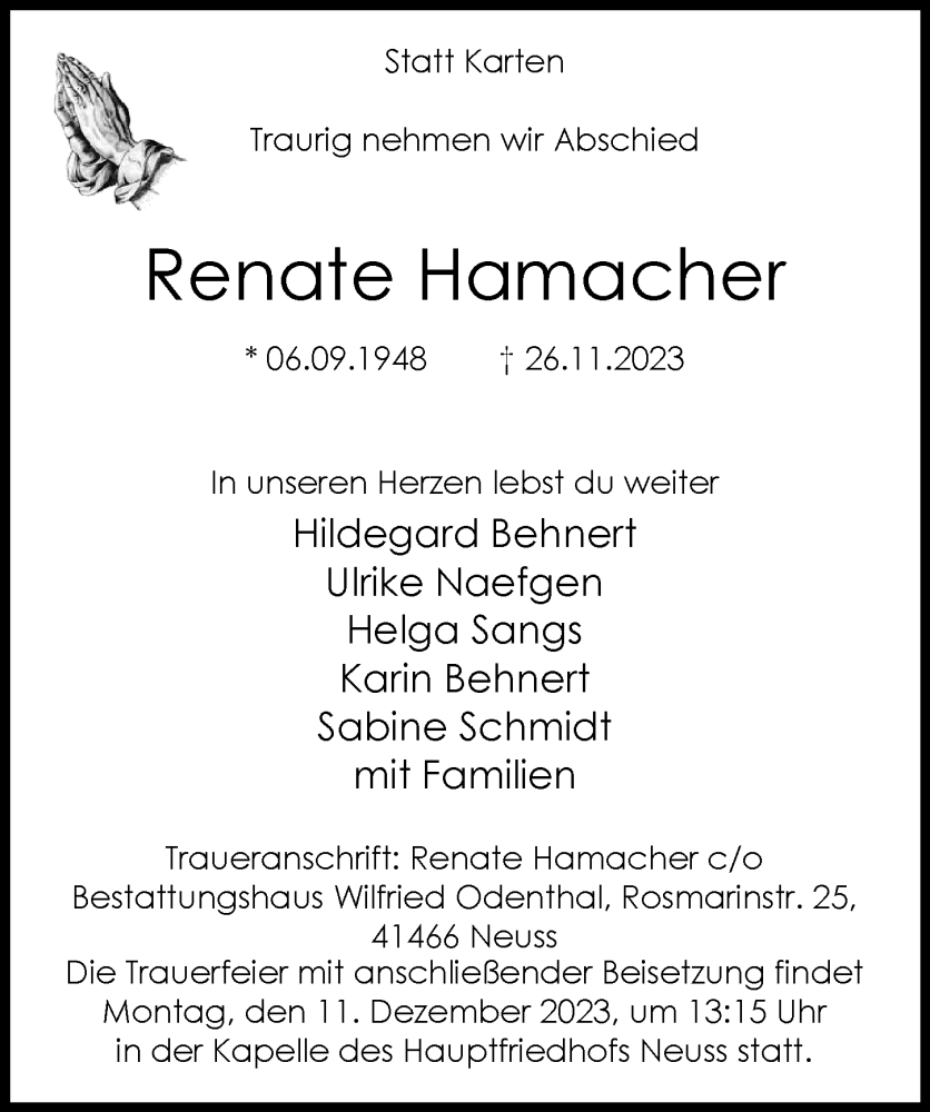  Traueranzeige für Renate Hamacher vom 02.12.2023 aus Rheinische Post
