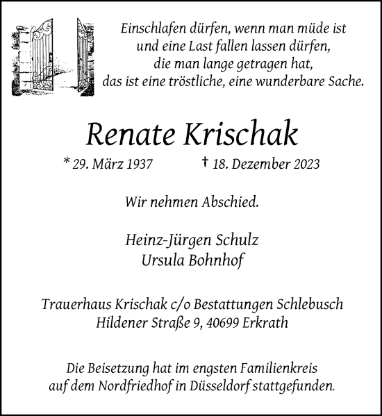 Traueranzeige von Renate Krischak von Rheinische Post