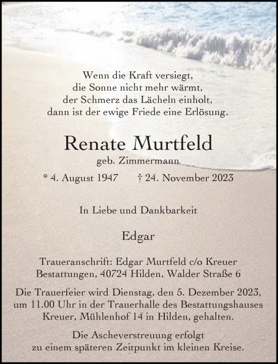 Traueranzeige von Renate Murtfeld von Rheinische Post