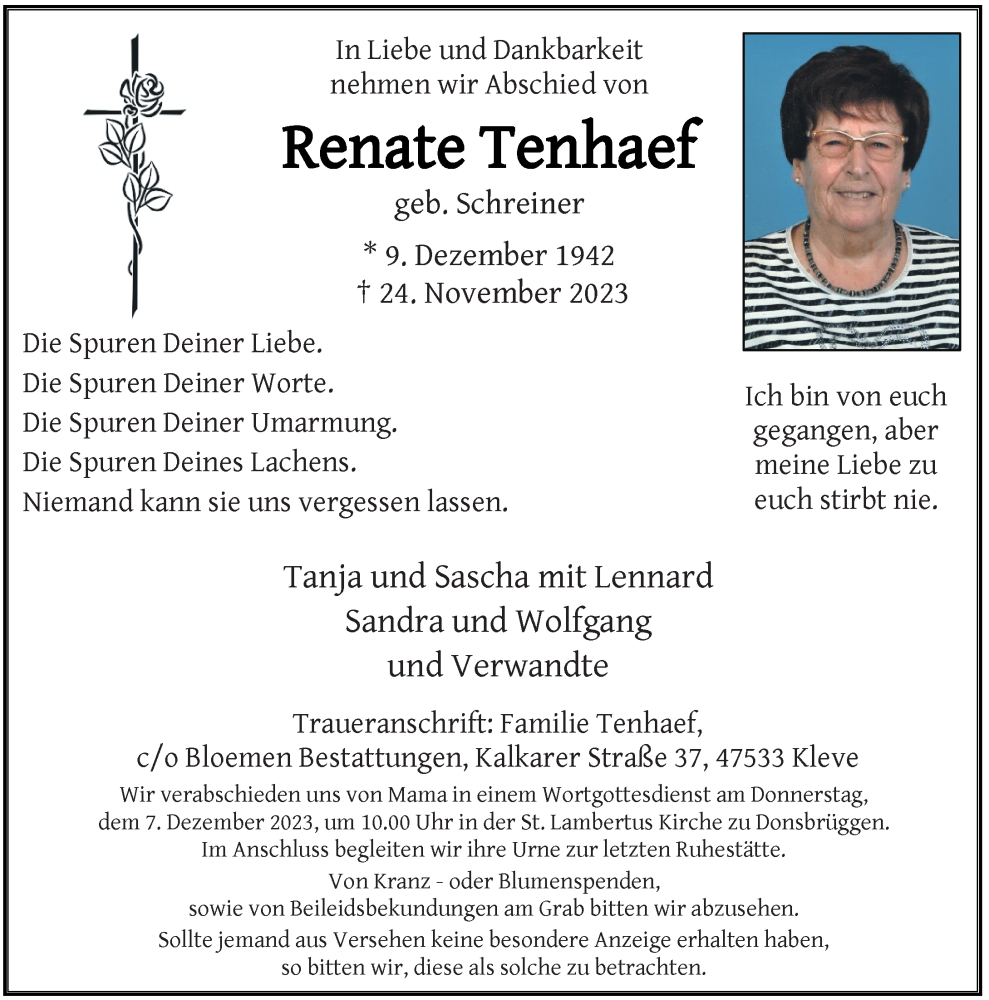  Traueranzeige für Renate Tenhaef vom 02.12.2023 aus Rheinische Post