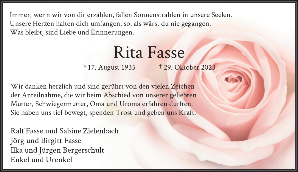  Traueranzeige für Rita Fasse vom 16.12.2023 aus Rheinische Post