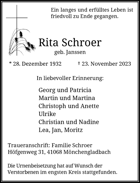 Traueranzeige von Rita Schroer von Rheinische Post