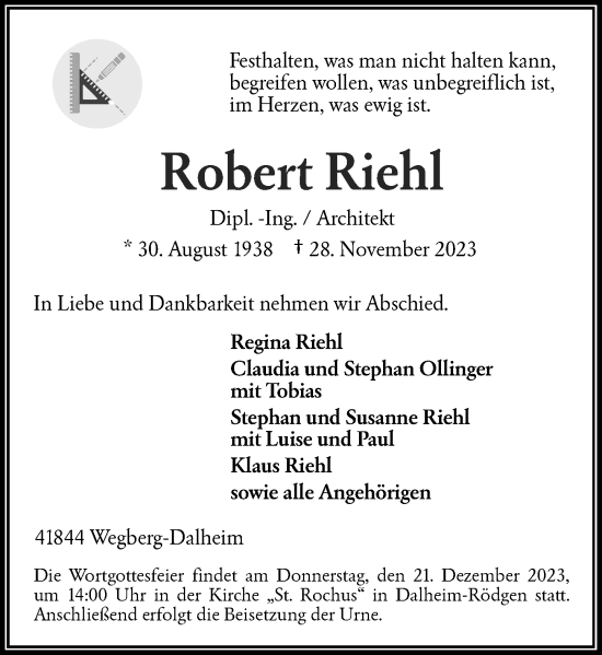 Traueranzeige von Robert Riehl von Rheinische Post