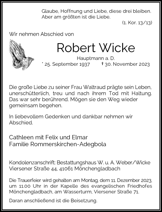 Traueranzeige von Robert Wicke von Rheinische Post