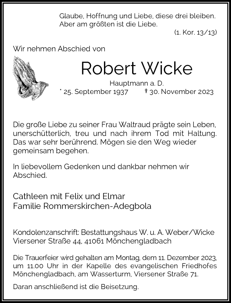  Traueranzeige für Robert Wicke vom 06.12.2023 aus Rheinische Post