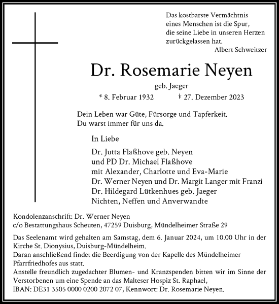 Traueranzeige von Rosemarie Neyen von Rheinische Post