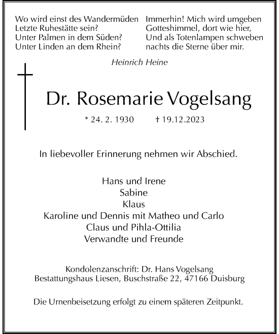 Traueranzeige von Rosemarie Vogelsang von Rheinische Post
